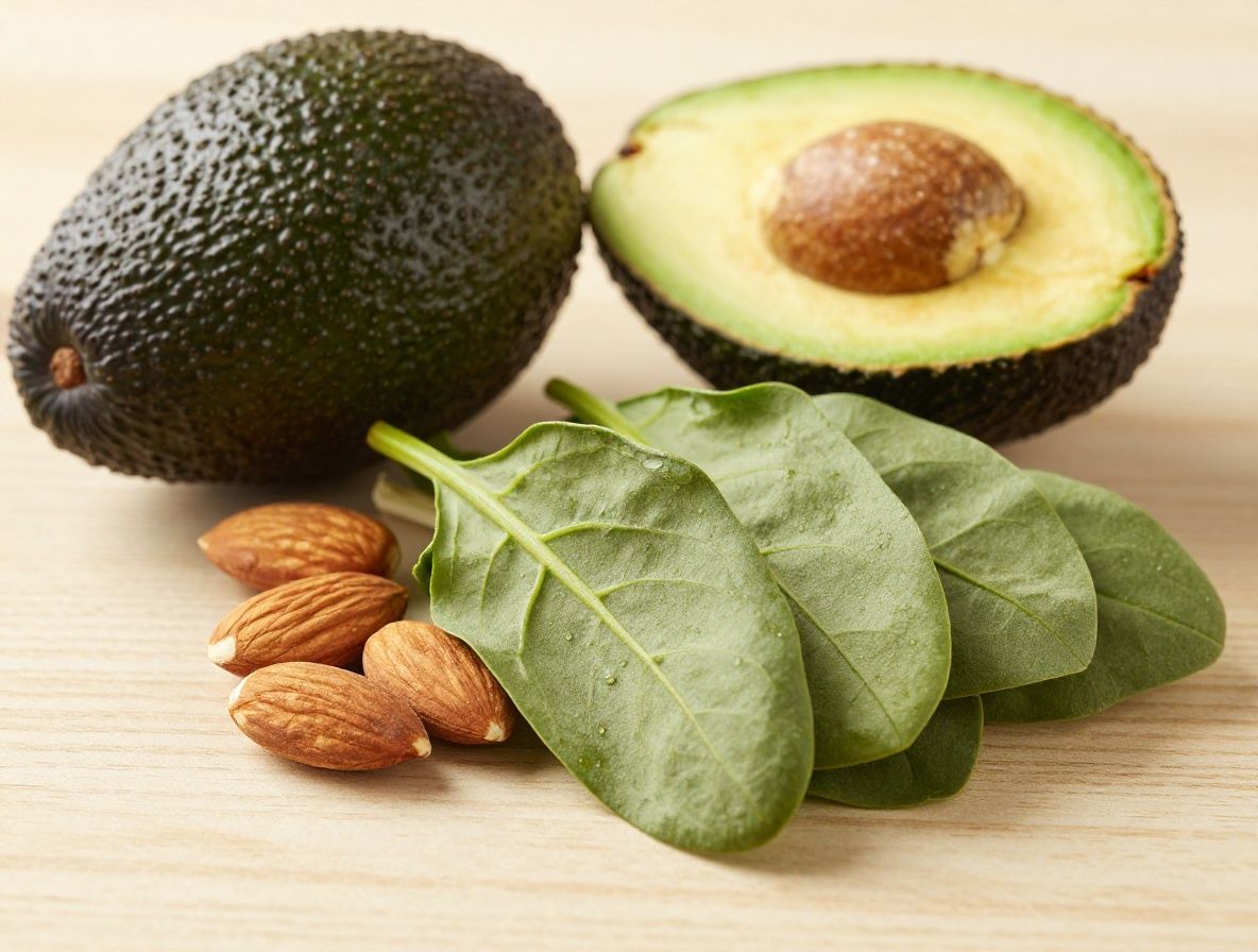 Nahaufnahme verschiedener natürlicher Lebensmittel wie Avocado, Mandeln, Spinat und Kürbiskerne auf einem hellen Holztisch, die nährstoffreiche Quellen mit hoher Bioverfügbarkeit symbolisieren