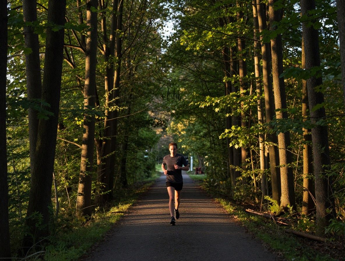 Person joggt auf einem Waldweg am frühen Morgen, umgeben von Bäumen mit Morgenlicht, das zwischen den Ästen hindurchscheint, symbolisiert regelmässige körperliche Aktivität und Ausdauer