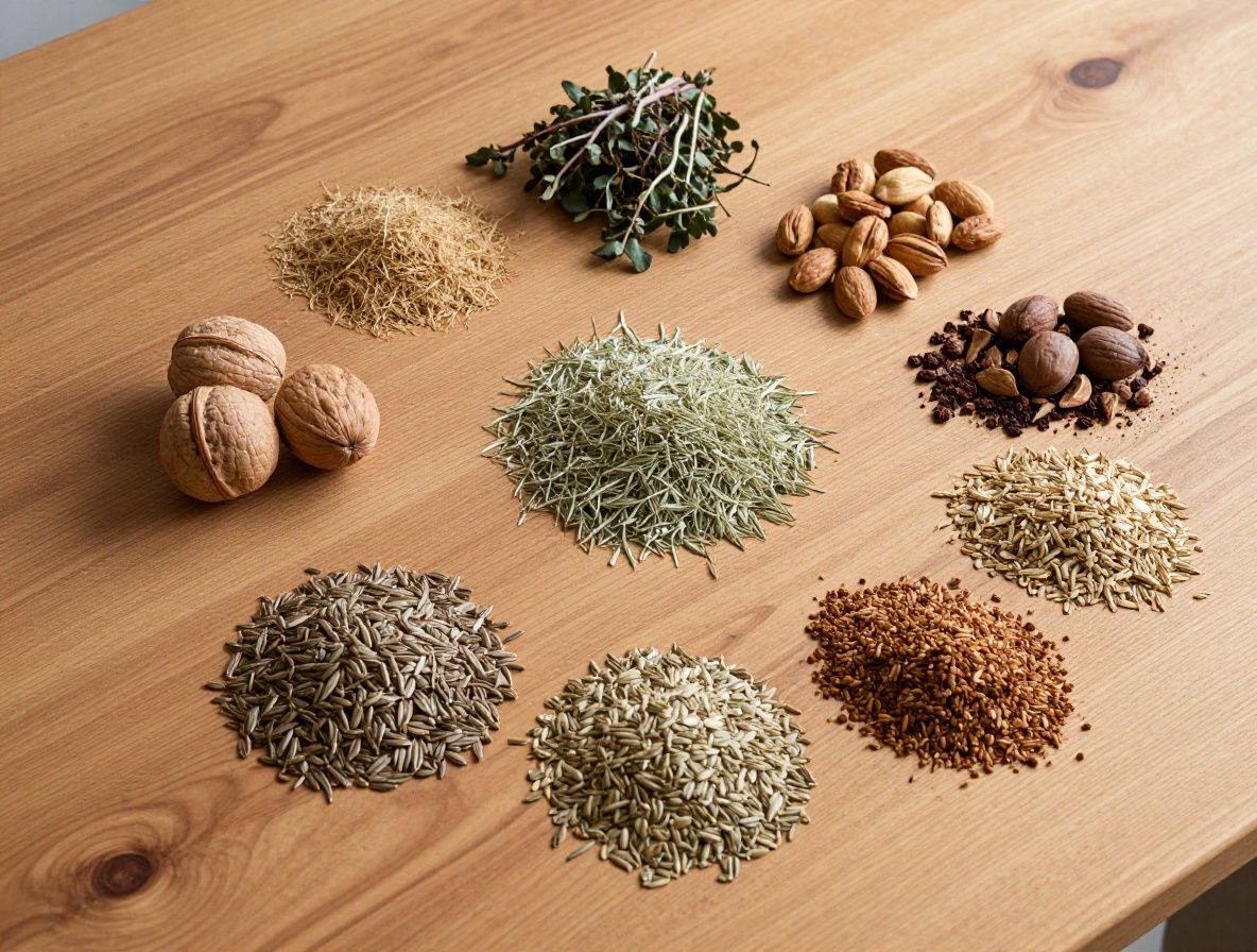 Panoramische Draufsicht auf einen grossen Holztisch mit einer Vielzahl natürlicher Lebensmittel und Zutaten: frische Kräuter, verschiedene Gemüsesorten, Nüsse, Samen, Obst und Gewürze, die eine vollständige pflanzliche Ernährung repräsentieren