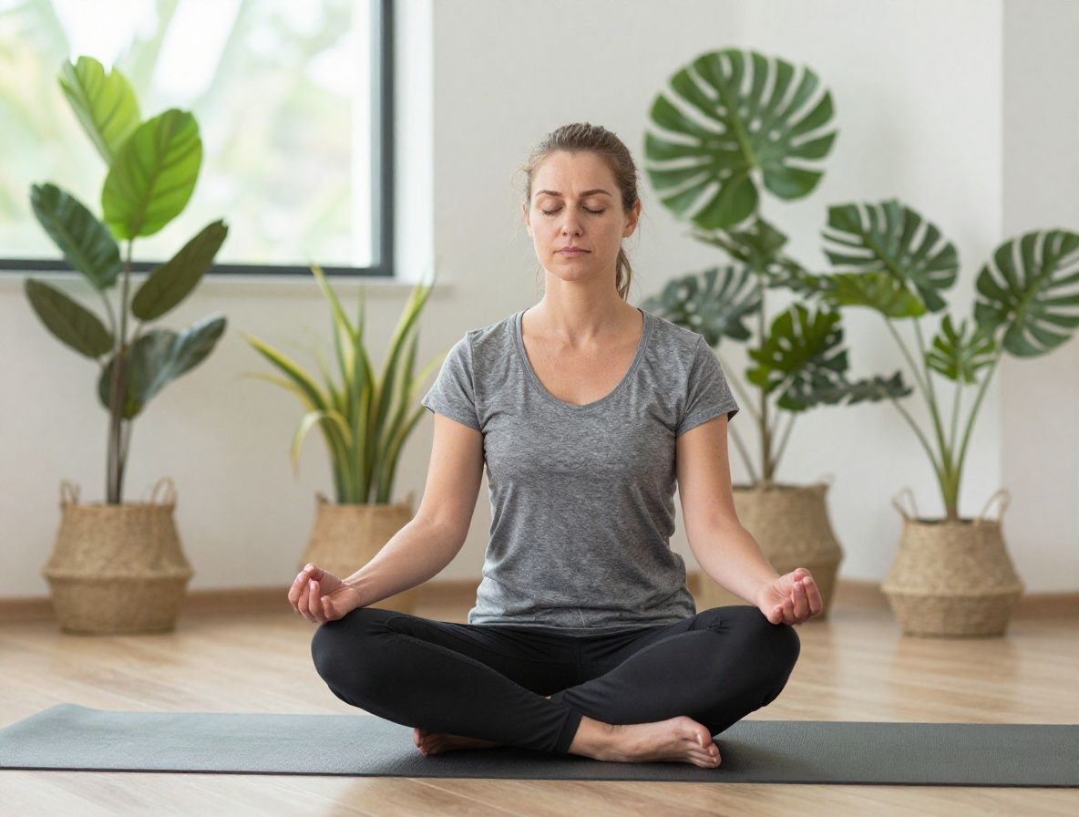 Frau sitzt im Schneidersitz auf einer Yogamatte in einem hellen Zimmer mit grossen Fenstern, meditiert ruhig mit geschlossenen Augen, im Hintergrund grüne Zimmerpflanzen, symbolisiert Achtsamkeit und ganzheitliches Wohlbefinden